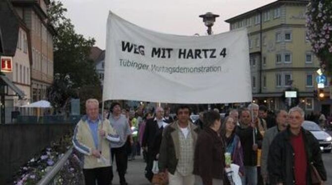 &raquo;Wir bleiben hartnäckig&laquo;: Teilnehmer der Protest-Aktion gestern beim Zug über die Tübinger Neckarbrücke. GEA-FOTO: J