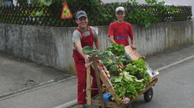 Patrick Schmelcher und Michael Rehm fahren mit dem Wagen durch Dapfen und bieten ihr selbst gezogenes Gemüse an.  FOTO: PR