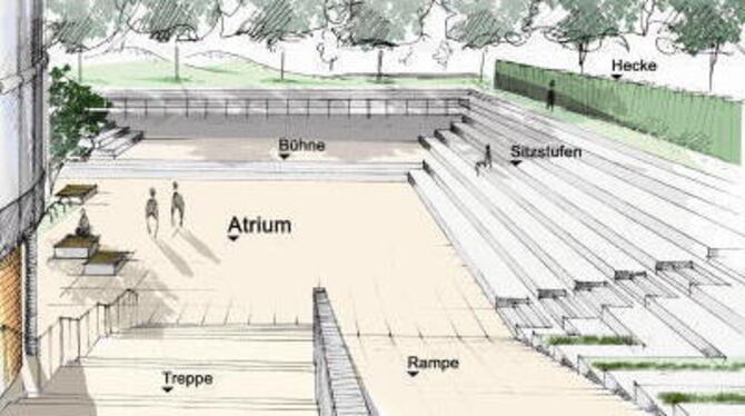 So könnte es aussehen, das Freiluftpodium im Bereich der Dettinger Schillerschule.  ESKIZZE: MÖHRLE