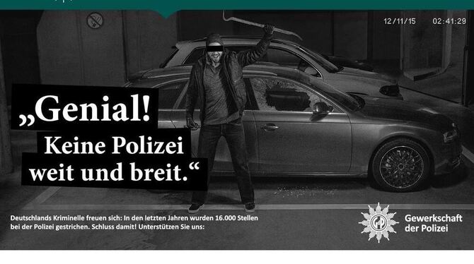 Screenshot der Kampagne www.wir-brauchen-verstaerkung.info der Gewerkschaft der Polizei im Netz.