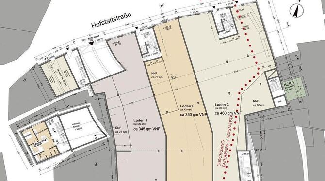 Ein Gehrecht durch einen der im »Katharinenhof« geplanten Läden (rote Punkte) soll den im Bebauungsplan vorgesehenen öffentliche