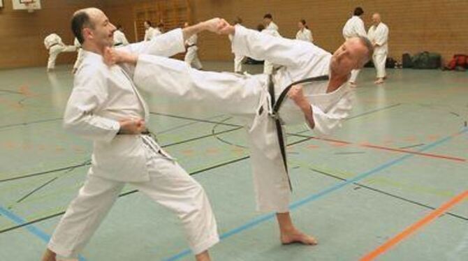 Die richtige Distanz zum Gegner ist beim Karate überlebenswichtig: Peter Nuding (links) und Uwe Borsody.
GEA-FOTO: TRINKHAUS