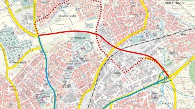 Statt Dietwegtrasse (rote Spur) soll der Verkehr aus dem Tunnel-Nordportal auf bestehenden Straßen abgeleitet werden. Lediglich der Knoten Schiefer-/Rommelsbacher Straße soll durch eine neue Rechtsabbiegerspur ertüchtigt werden.  GRAFIK: GRÜNE