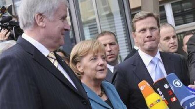 Vermitteln den Eindruck bester Stimmung: Horst Seehofer. Angela Merkel und Guido Westerwelle. FOTO: DPA