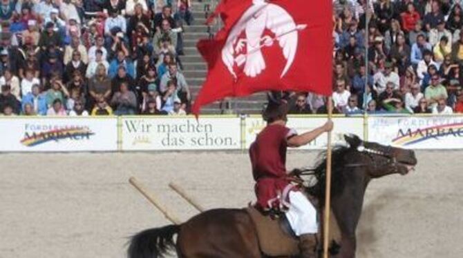 Ungarische Reiter-Kampfkunst gab es in Marbach zu bestaunen.
GEA-FOTO: KUNZE