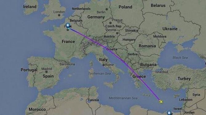 Auf der Internetseite Flightradar24 ist die Flugroute bis zum Abbruch der Kommunikation nachgezeichnet. Foto: flightradar24.c