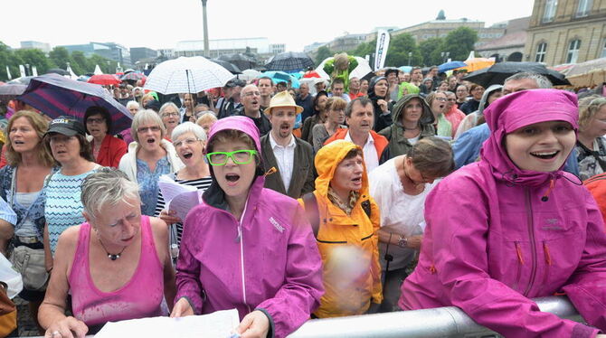 Besucher singen in Stuttgart während des Rekordversuchs »Der größte Beatles-Chor Deutschlands« auf dem Schloßplatz.