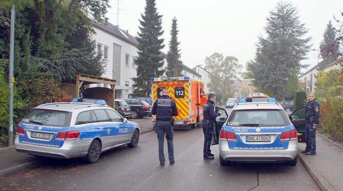 Einsatzkräfte von Polizei und Rettungsdiensten stehen im Oktober 2015 nach einer Familientragödie in Stuttgart in einer Straße.