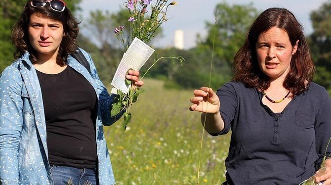 Isabelle Stasch (links) und Tanja Mader vom Landschaftserhaltungsverband zeigten Interessierten bei der Wiesenbegehung, was auf