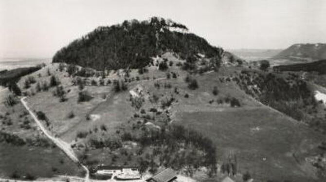 Die Luftaufnahme aus dem Jahr 1960 zeigt den bewaldeten Berggipfel mit Turm, im Vordergrund die kurz zuvor errichtete "Höhengast