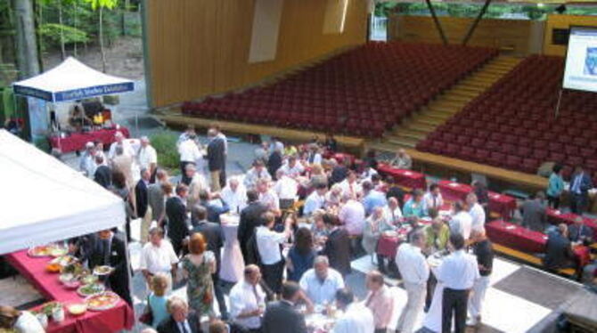 Gedankenaustausch an Stehtischen: &raquo;Wirtschaft trifft Kommune&laquo; hieß es am Mittwochabend im Naturtheater. GEA-FOTO: HA