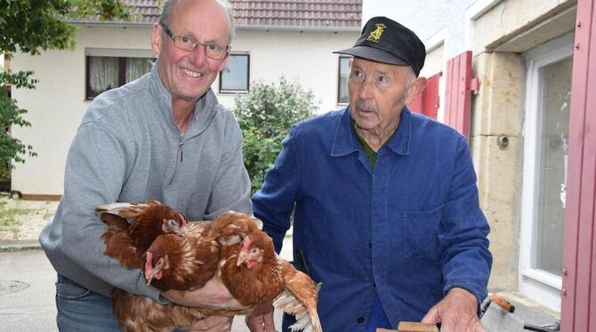 Hennenkauf in Bleichstetten. Aufzüchter Berthold Gieseker (links) übergibt  Arthur Breitenfellner drei schöne braune Hennen.