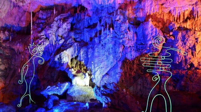 Moderne Wandmalerei und bizarre Steingestalten in der Bären- und Karlshöhle. FOTO: NIETHAMMER